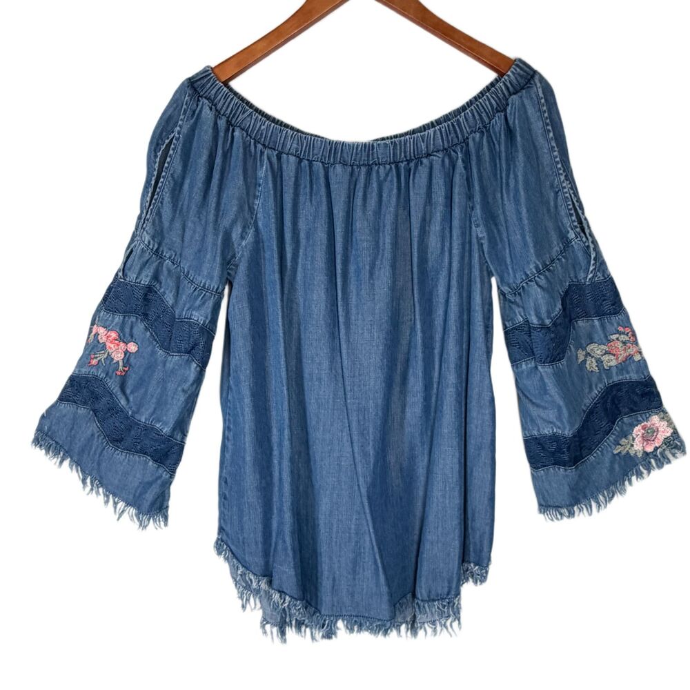 OSO Casuals Top Womens XL Embroidered Fringed Boho Gypsy Hippy Denim Blue Tencel